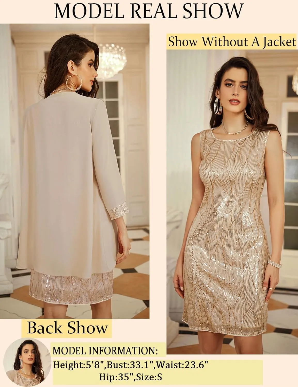 GRACE KARIN Sequin Dress for Women Knee Length Mother of the Bride Dresses Formal Dress Two Piece Dress with Chiffon Jacket