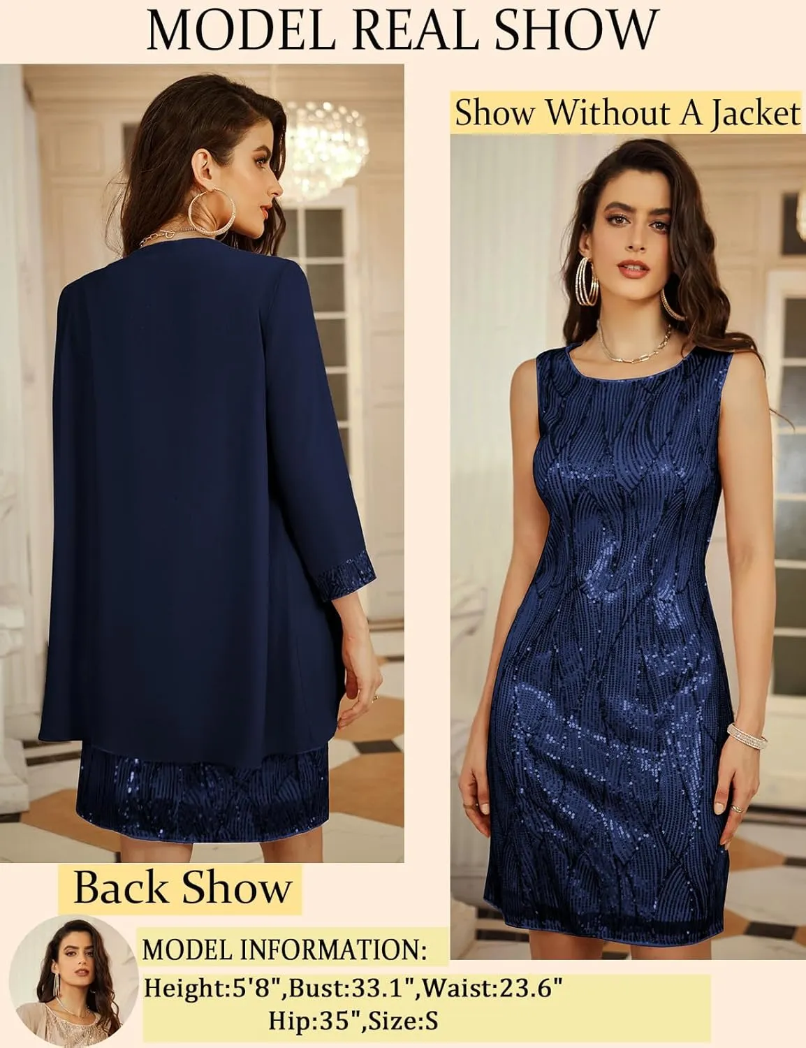 GRACE KARIN Sequin Dress for Women Knee Length Mother of the Bride Dresses Formal Dress Two Piece Dress with Chiffon Jacket