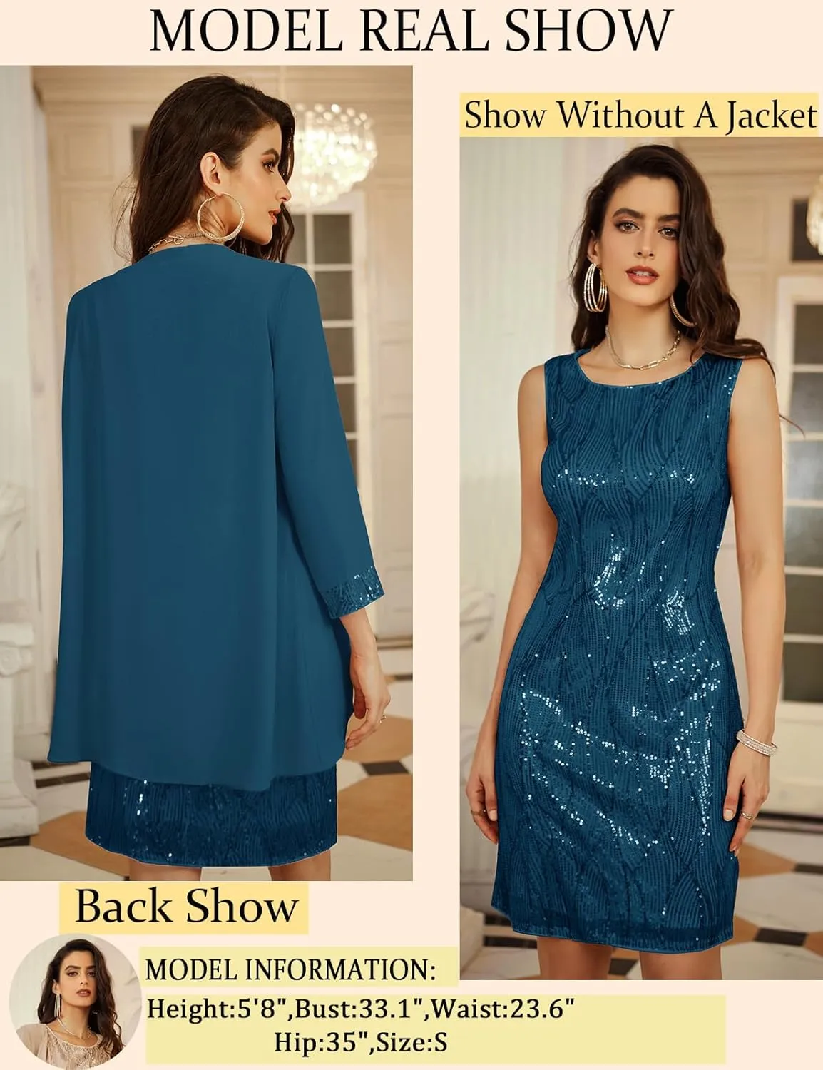 GRACE KARIN Sequin Dress for Women Knee Length Mother of the Bride Dresses Formal Dress Two Piece Dress with Chiffon Jacket