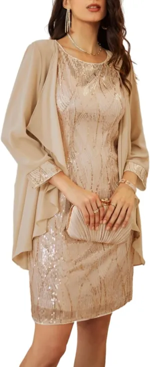 GRACE KARIN Sequin Dress for Women Knee Length Mother of the Bride Dresses Formal Dress Two Piece Dress with Chiffon Jacket