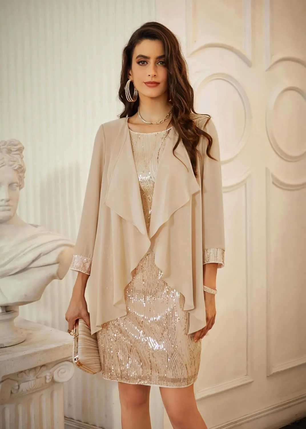 GRACE KARIN Sequin Dress for Women Knee Length Mother of the Bride Dresses Formal Dress Two Piece Dress with Chiffon Jacket
