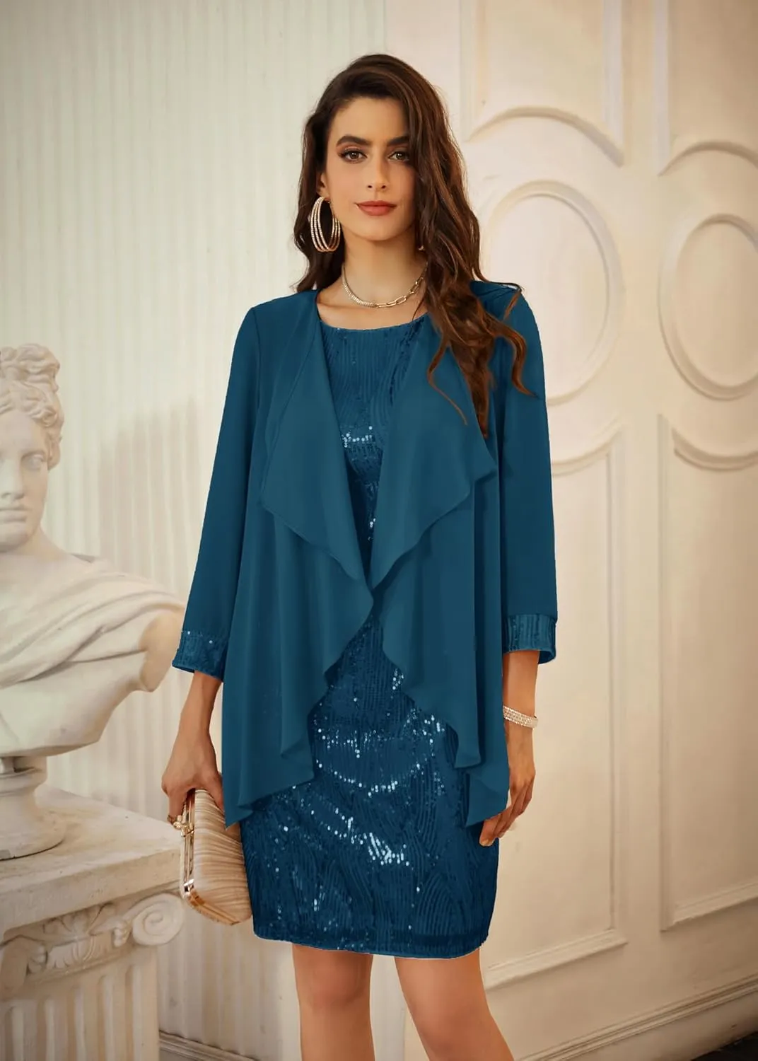 GRACE KARIN Sequin Dress for Women Knee Length Mother of the Bride Dresses Formal Dress Two Piece Dress with Chiffon Jacket