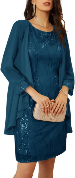 GRACE KARIN Sequin Dress for Women Knee Length Mother of the Bride Dresses Formal Dress Two Piece Dress with Chiffon Jacket
