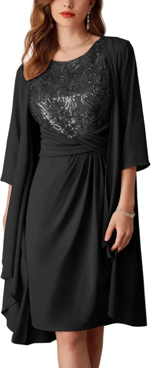 GRACE KARIN Women's Sequin Dress Two Piece Mother of The Bride Dresses with Jacket Lace Formal Wedding Guest Dress
