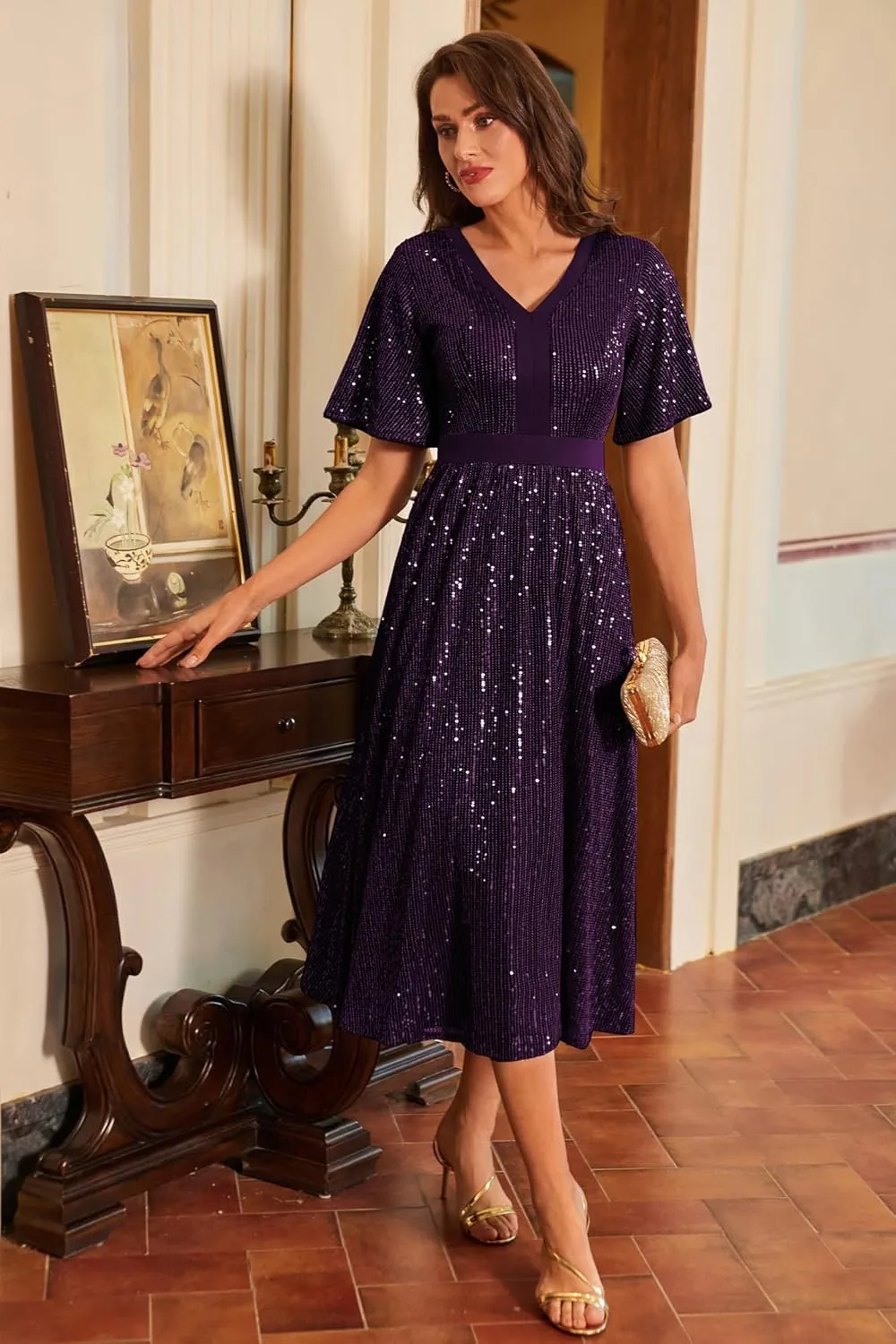 GRACE KARIN Women's Sequin V Neck Ruffle Sleeve Empire Waist Sparkly Glitter A Line Cocktail Formal Dresses