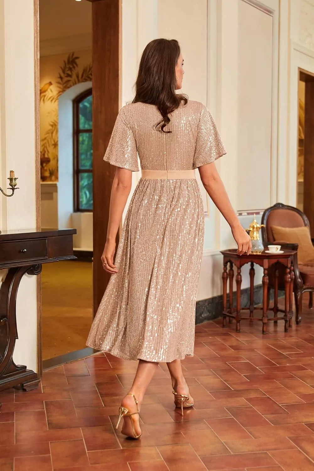 GRACE KARIN Women's Sequin V Neck Ruffle Sleeve Empire Waist Sparkly Glitter A Line Cocktail Formal Dresses