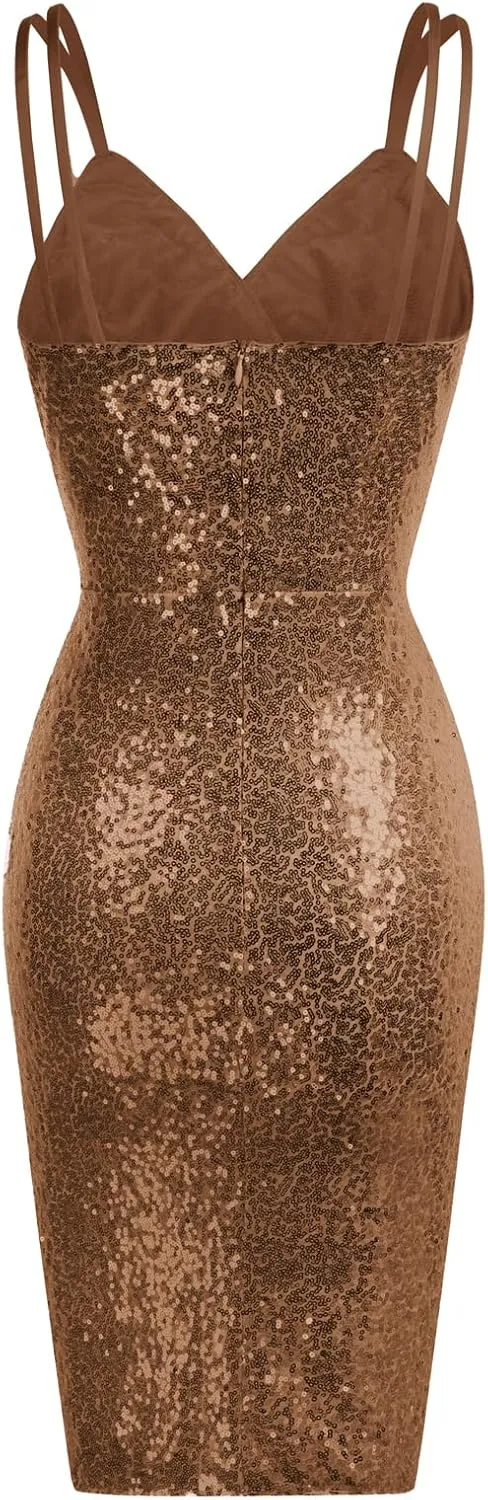 GRACE KARIN Women's Sexy Sequin Sparkly Glitter Ruched Party Club Dress Spaghetti Straps Wrap V-Neck Bodycon Dress