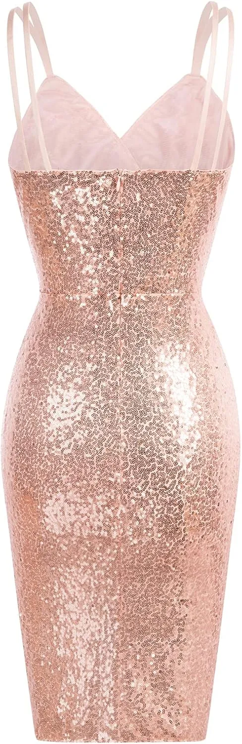 GRACE KARIN Women's Sexy Sequin Sparkly Glitter Ruched Party Club Dress Spaghetti Straps Wrap V-Neck Bodycon Dress