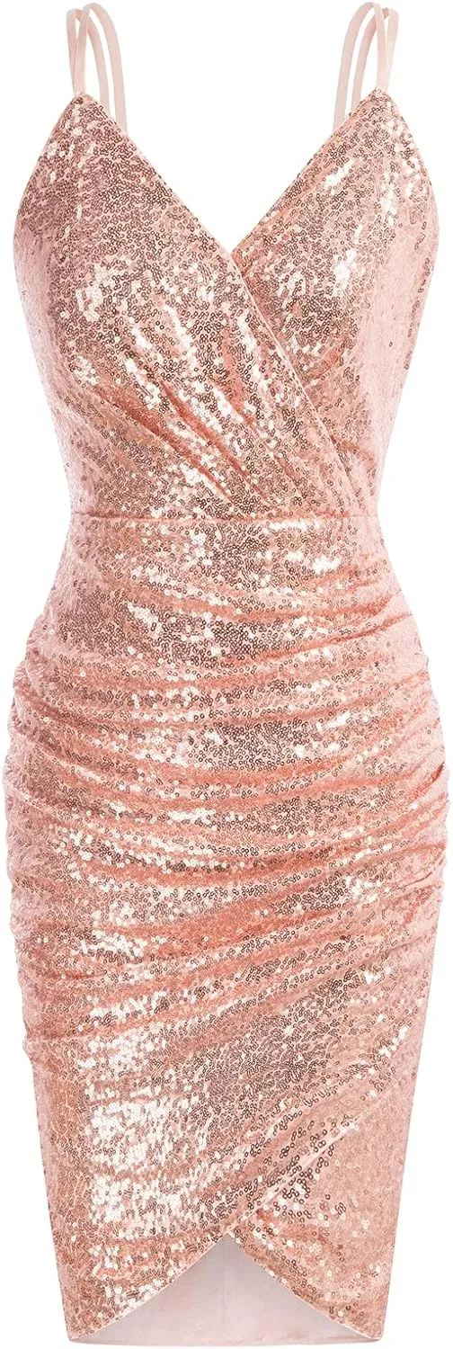 GRACE KARIN Women's Sexy Sequin Sparkly Glitter Ruched Party Club Dress Spaghetti Straps Wrap V-Neck Bodycon Dress