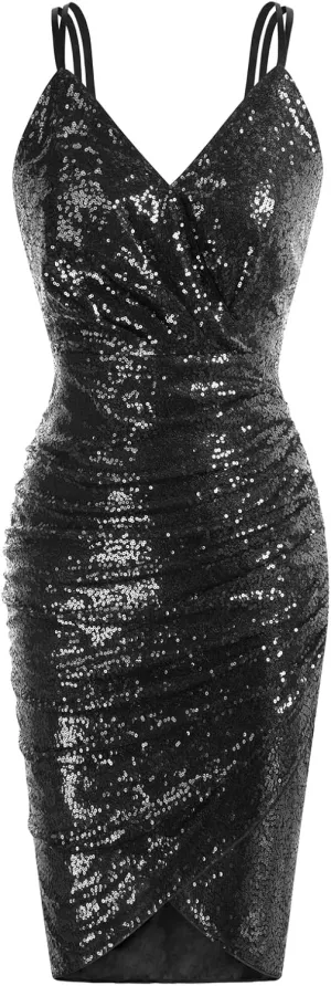 GRACE KARIN Women's Sexy Sequin Sparkly Glitter Ruched Party Club Dress Spaghetti Straps Wrap V-Neck Bodycon Dress