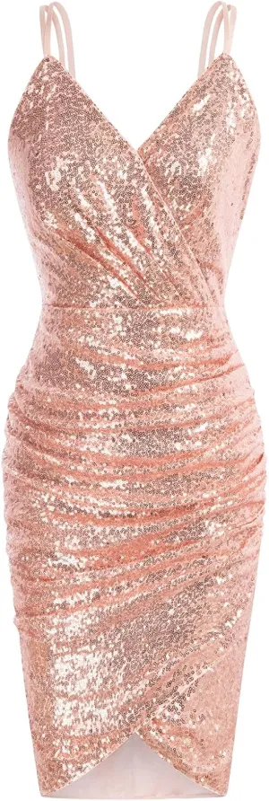 GRACE KARIN Women's Sexy Sequin Sparkly Glitter Ruched Party Club Dress Spaghetti Straps Wrap V-Neck Bodycon Dress