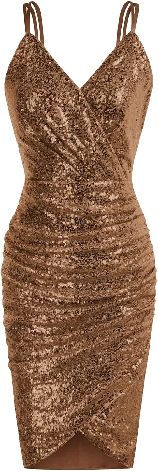GRACE KARIN Women's Sexy Sequin Sparkly Glitter Ruched Party Club Dress Spaghetti Straps Wrap V-Neck Bodycon Dress