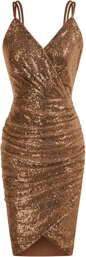 GRACE KARIN Women's Sexy Sequin Sparkly Glitter Ruched Party Club Dress Spaghetti Straps Wrap V-Neck Bodycon Dress