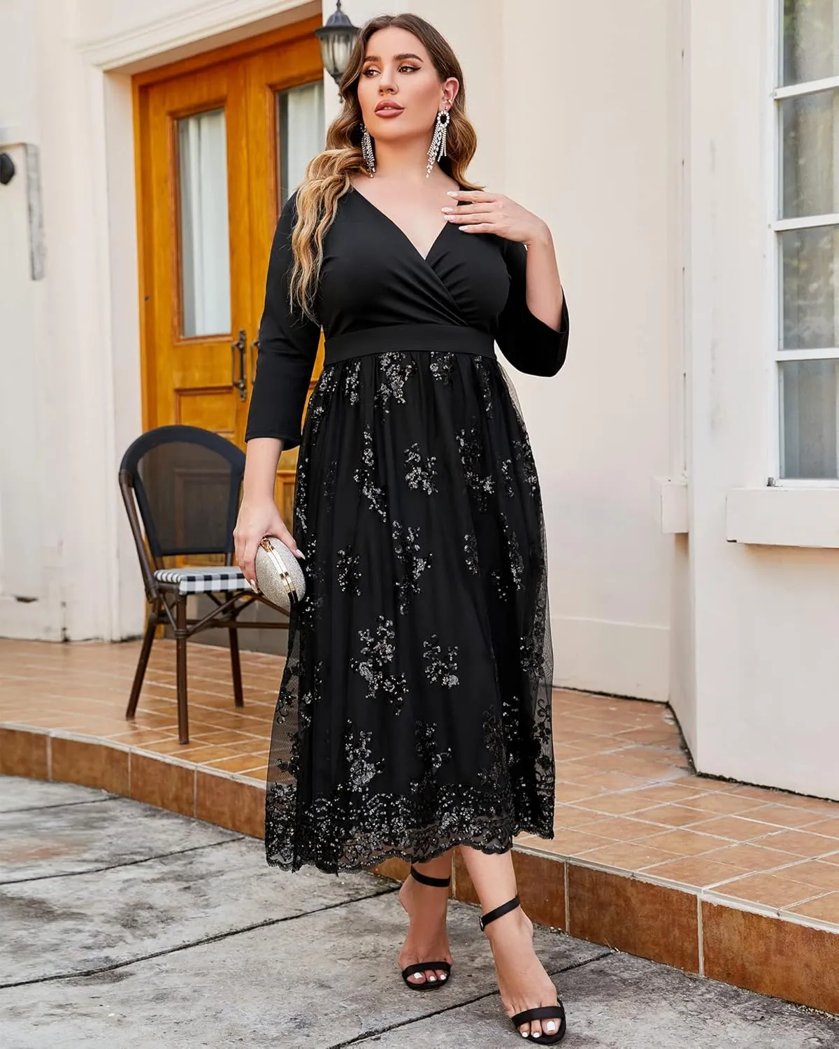 GRAPENT Women's Plus Size Sequin 3/4 Sleeves Evening Gown Party Long Maxi Dress