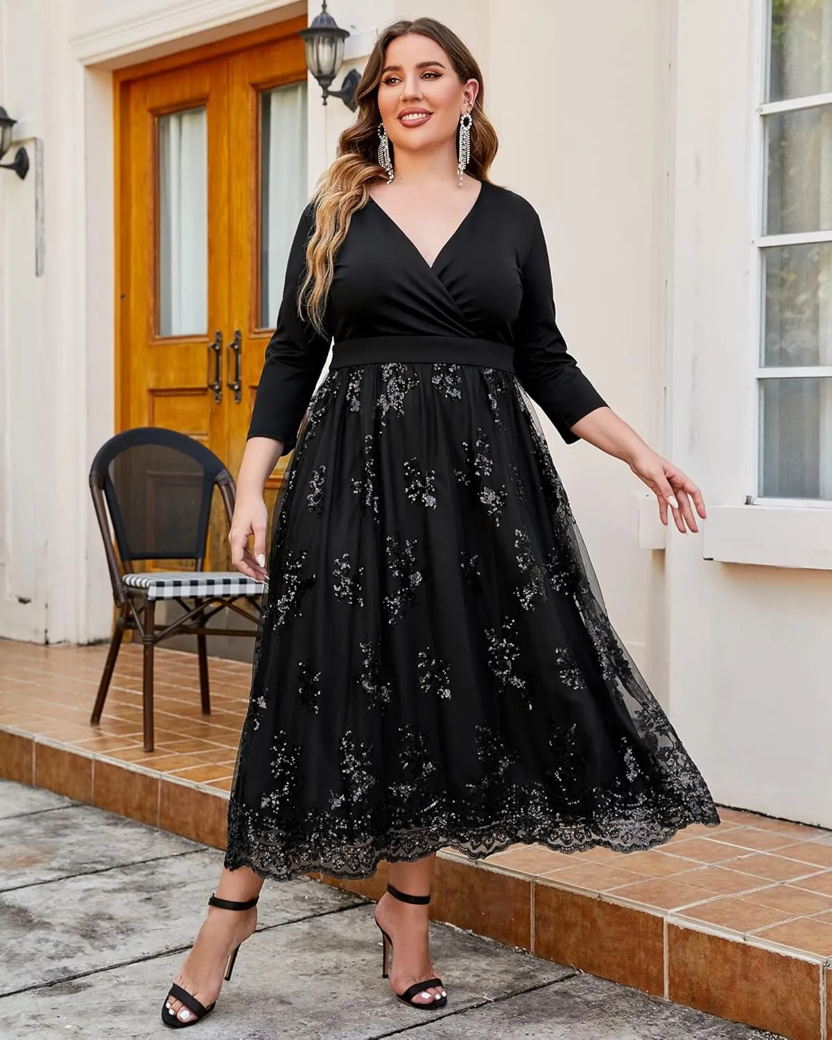 GRAPENT Women's Plus Size Sequin 3/4 Sleeves Evening Gown Party Long Maxi Dress