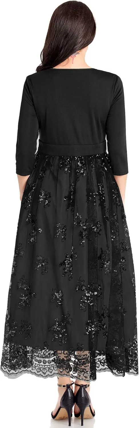 GRAPENT Women's Plus Size Sequin 3/4 Sleeves Evening Gown Party Long Maxi Dress