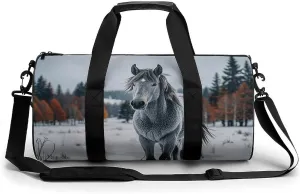 Gray Horse in Winter Landscape Snowy Wilderness Gym Bag for Men Women Water Resistant Duffle Bag Travel Lightweight Bag for Travel Sports