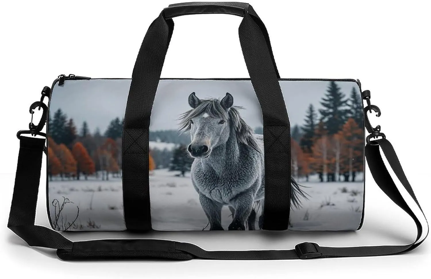 Gray Horse in Winter Landscape Snowy Wilderness Gym Bag for Men Women Water Resistant Duffle Bag Travel Lightweight Bag for Travel Sports