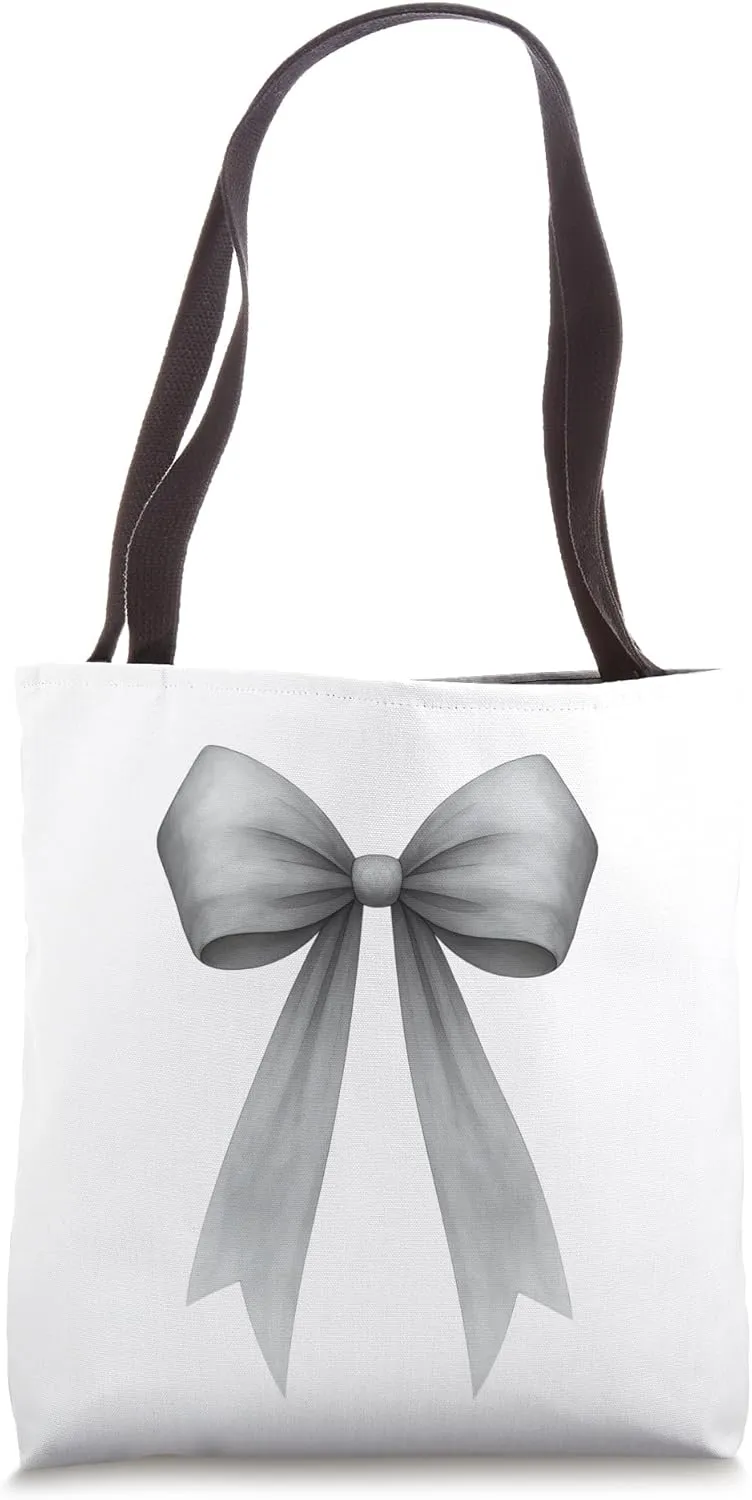 Gray Ribbon Aesthetic Cute Girly Bow Tote Bag