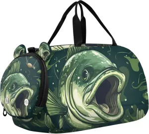 Green Color Bass Tuna Fish Duffle Bag for Toddler Girls Boys, Sports Gym Bag with Shoe Compartments, Kids Travel Overnight Weekender Shoulder Bag