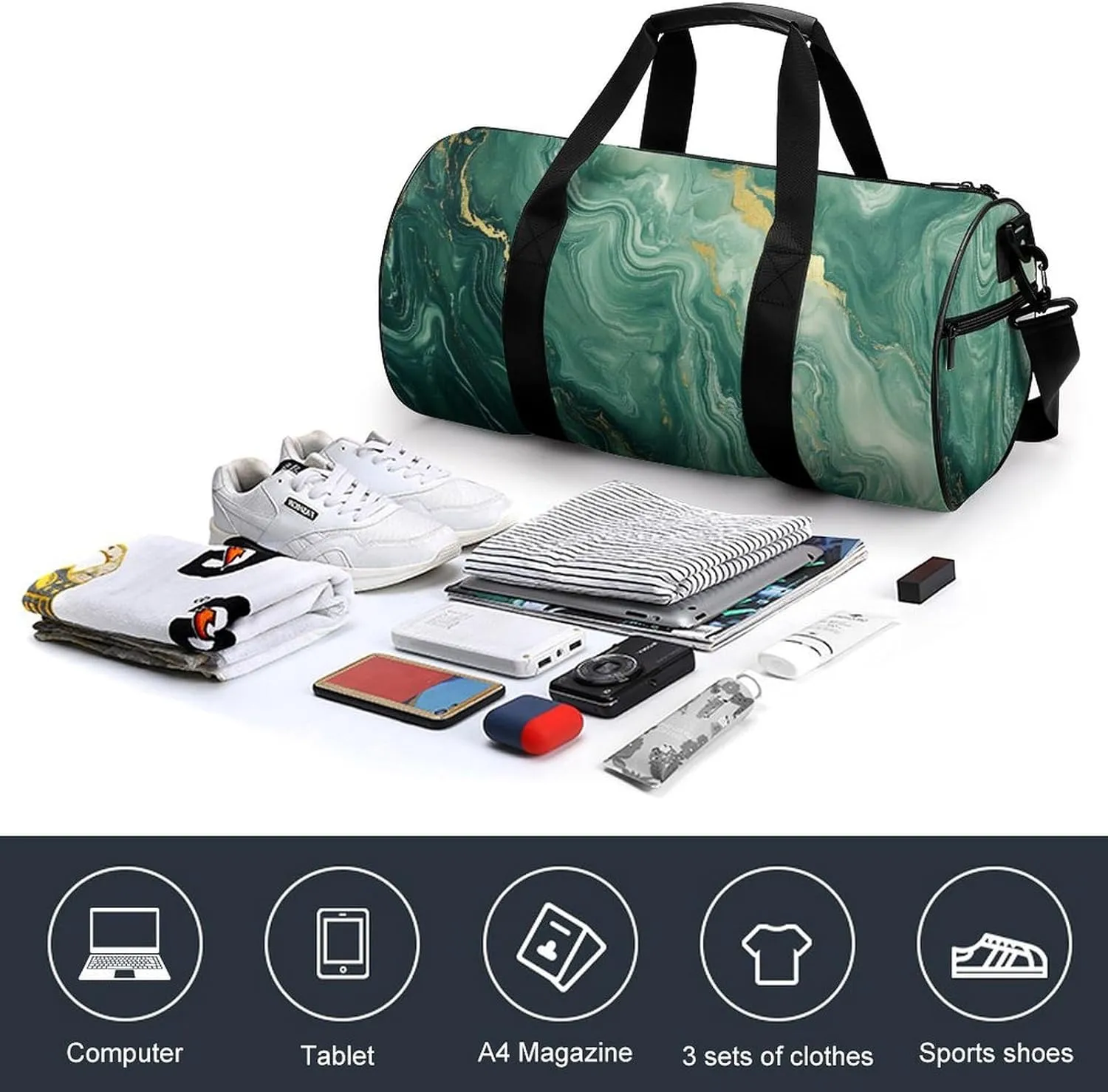 Green Gold-colored Marble Texture Travel Gym Bag for Women Men Cylindrical Duffle Bag Sport Workout Bag with Shoulder Strap
