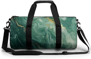 Green Gold-colored Marble Texture Travel Gym Bag for Women Men Cylindrical Duffle Bag Sport Workout Bag with Shoulder Strap