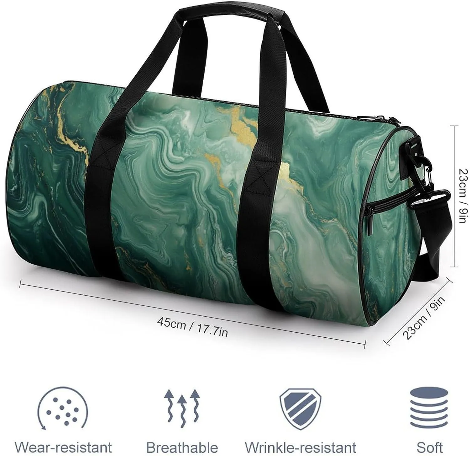 Green Gold-colored Marble Texture Travel Gym Bag for Women Men Cylindrical Duffle Bag Sport Workout Bag with Shoulder Strap