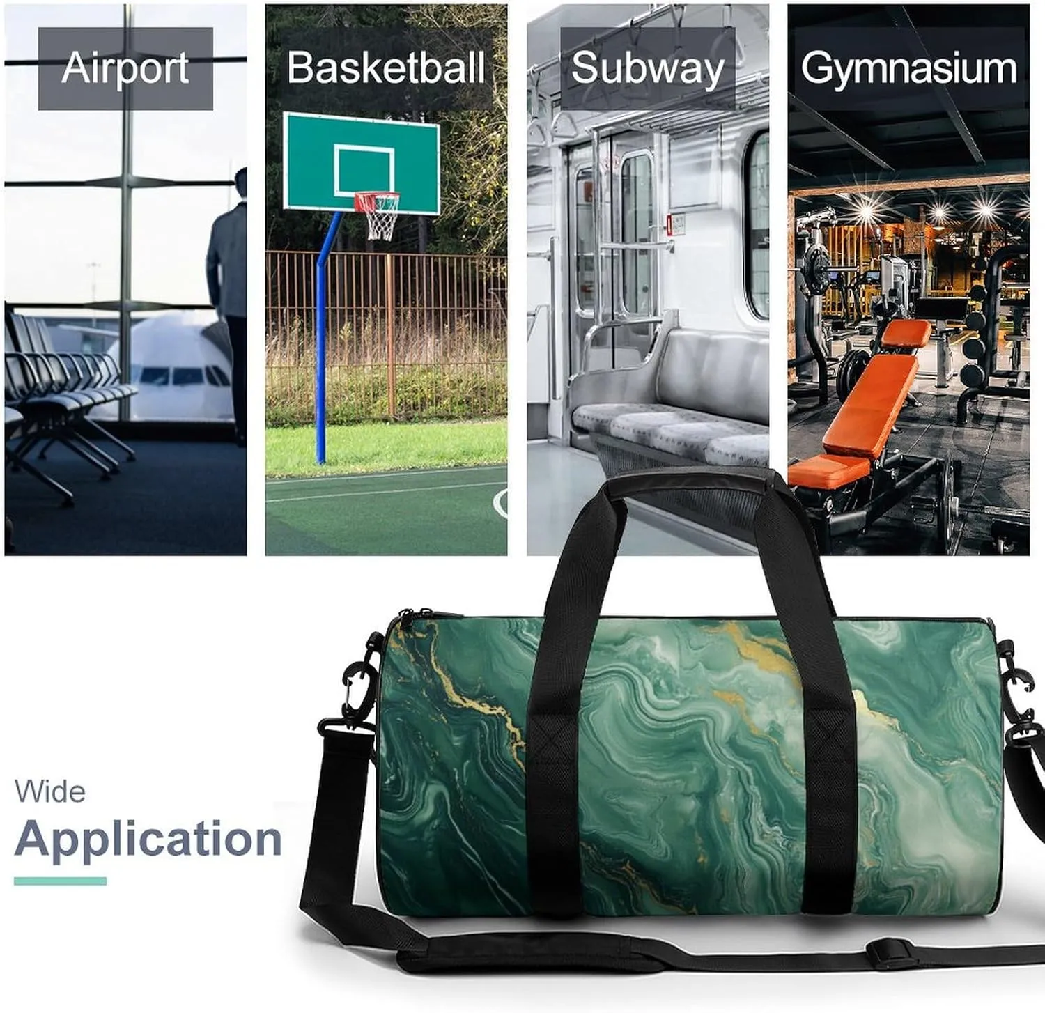 Green Gold-colored Marble Texture Travel Gym Bag for Women Men Cylindrical Duffle Bag Sport Workout Bag with Shoulder Strap