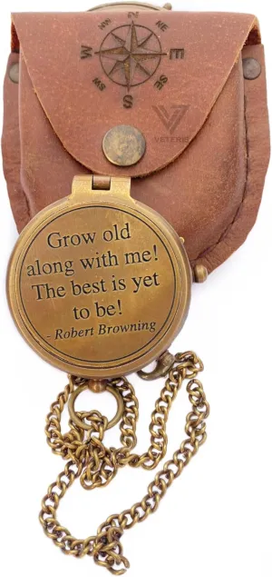 Grow Old Along with Me Engraved Brass Compass on Chain with Leather case, Wedding Gifts, Valentine’s Day Gifts