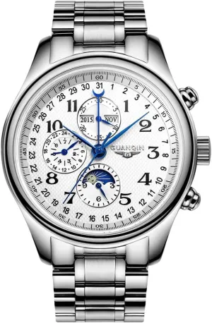 Guanqin Men Analog Automatic Self Winding Mechanical Wrist Watch with Stainless Steel/Leather Band Moon Phase (Silver White-Steel Chain)