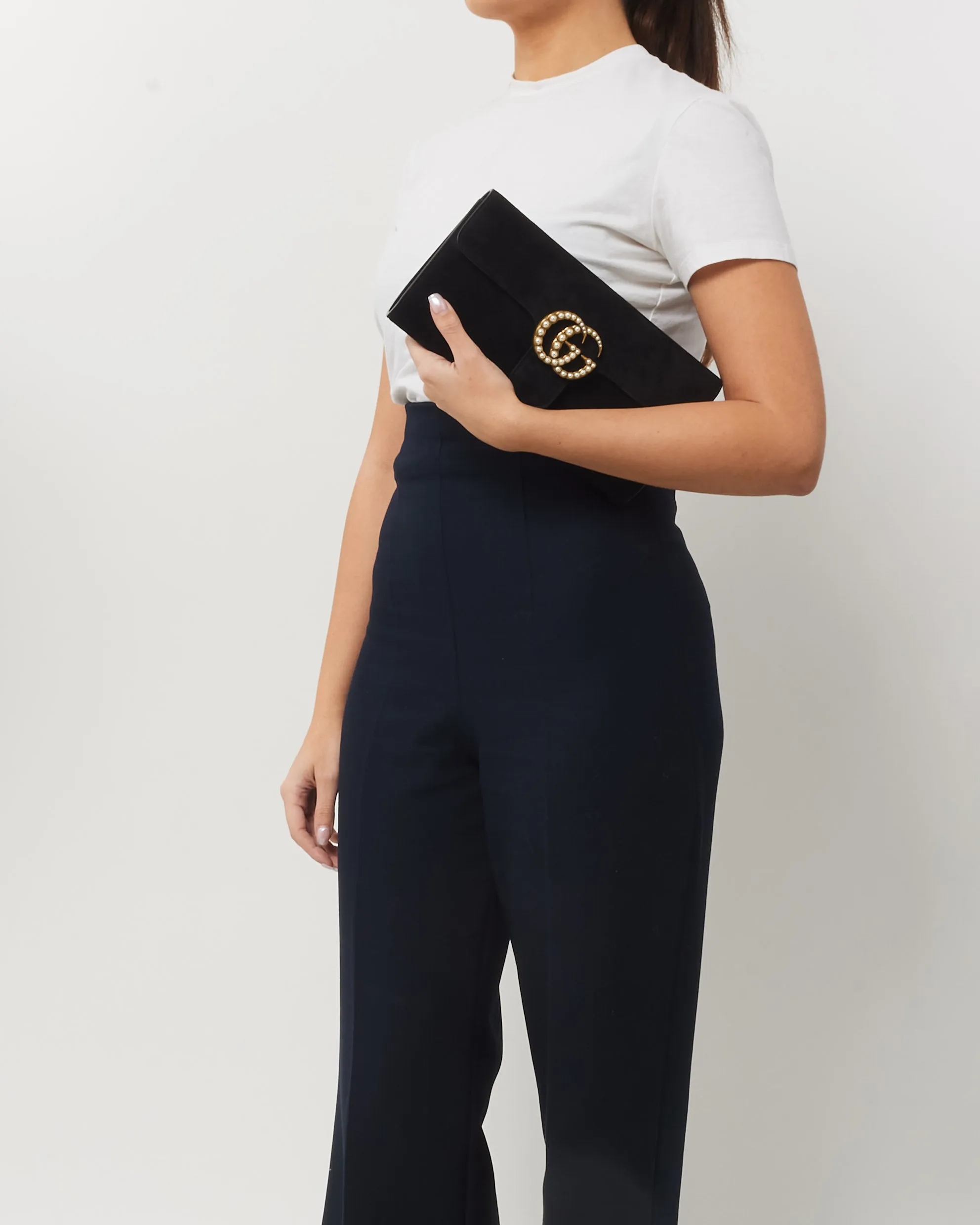 Gucci Black Suede GG Marmont Pearly GG Clutch Black
