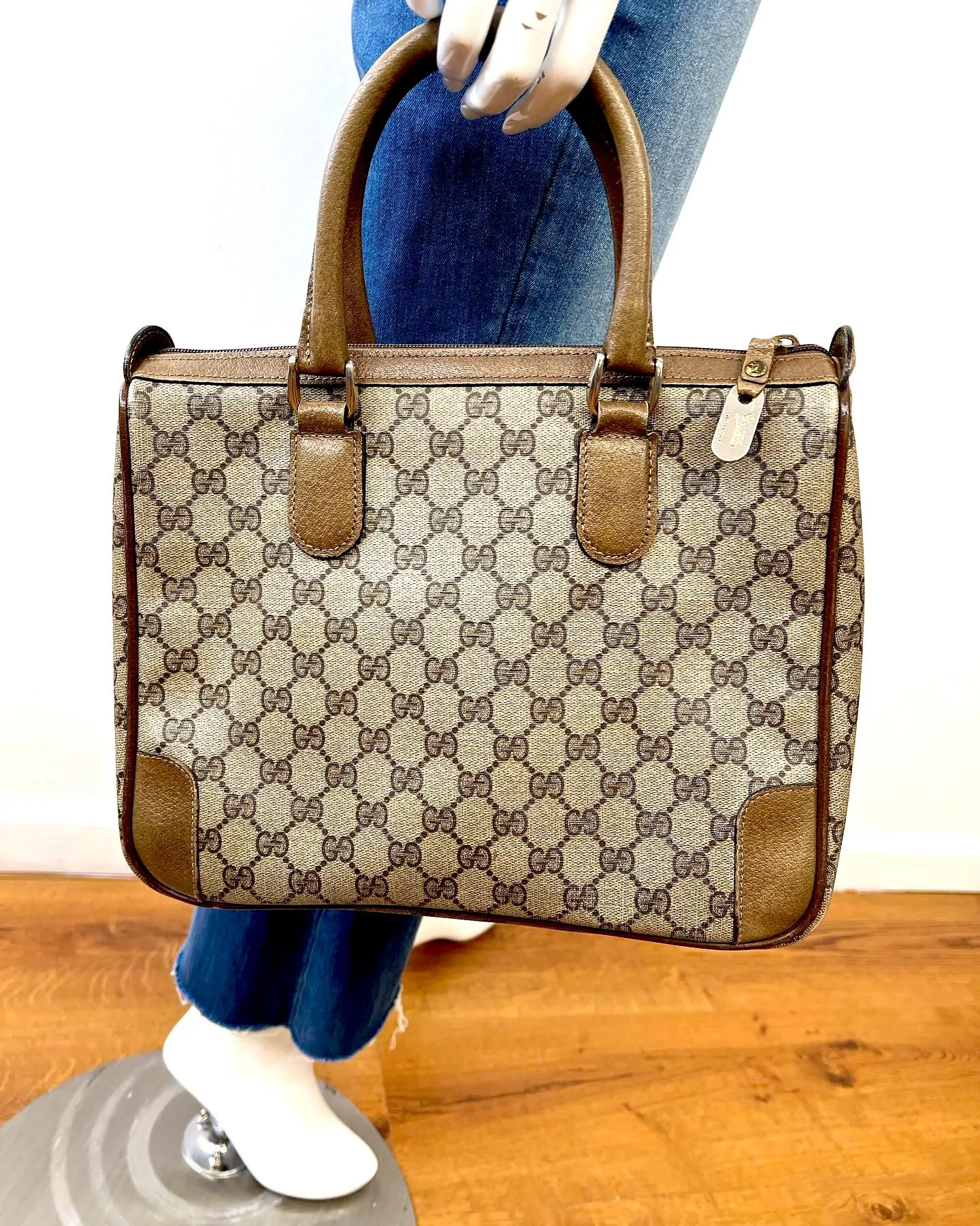 GUCCI GG CANVAS LEATHER TRIMMED TOTE BAG