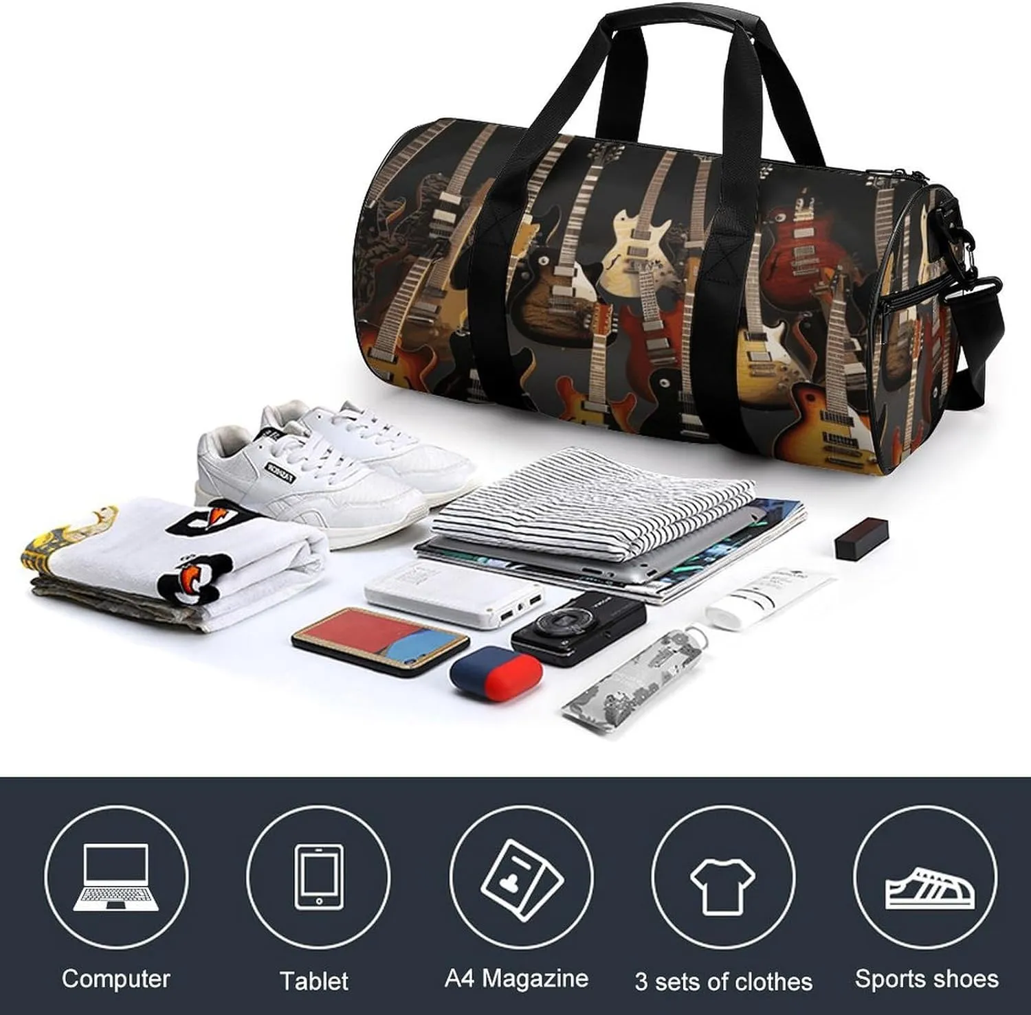 Guitars Gym Bag Small Travel Duffle Bag with Compartment Carry On Weekender Bag for Women Men