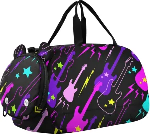 Guitars Music Lightning Sports Duffle Bag for Girls Boys, Gym Bag with Shoe Compartment, Kids Travel Overnight Weekender Shoulder Bag