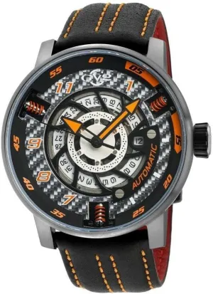 GV2 Men's Motorcycle Sport Swiss Automatic Watch, Genuine Black Leather with Orange Stitching Strap with Tang Buckle