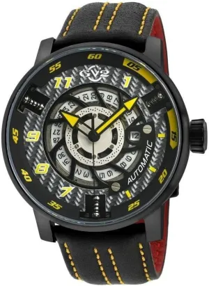 GV2 Men's Motorcycle Sport Swiss Automatic Watch, Genuine Black Leather with Yellow Stitching Strap with Tang Buckle