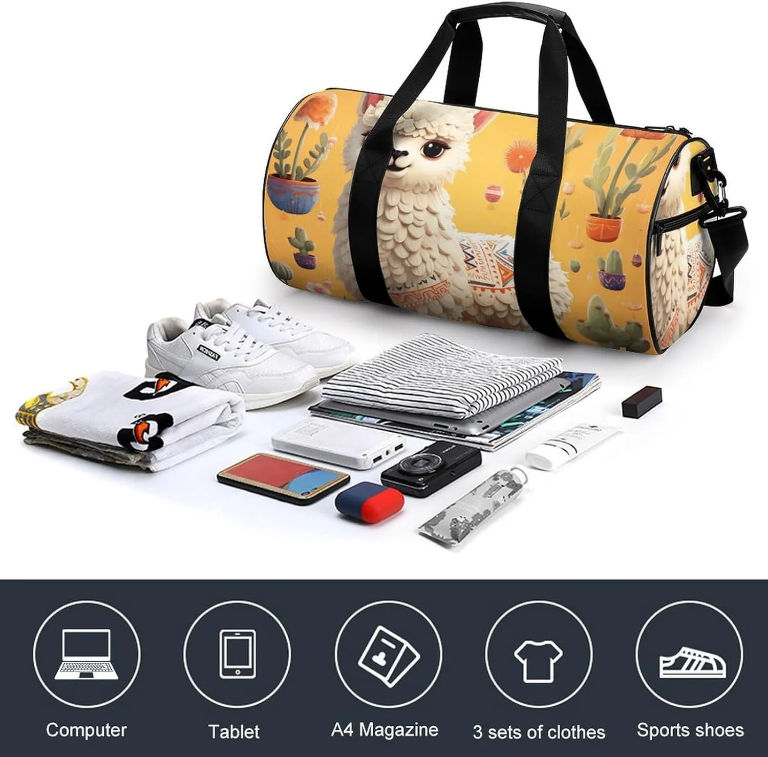 Gym Bag Cartoon Alpaca Duffel Bag for Men Women Overnight Bag with Shoe Compartment Workout Bags
