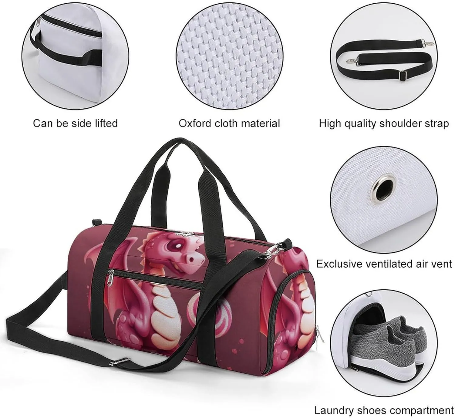 Gym Bag Cute Dragon Duffel Bag for Men Women Travel Overnight Bag with Shoe Compartment Workout Bags