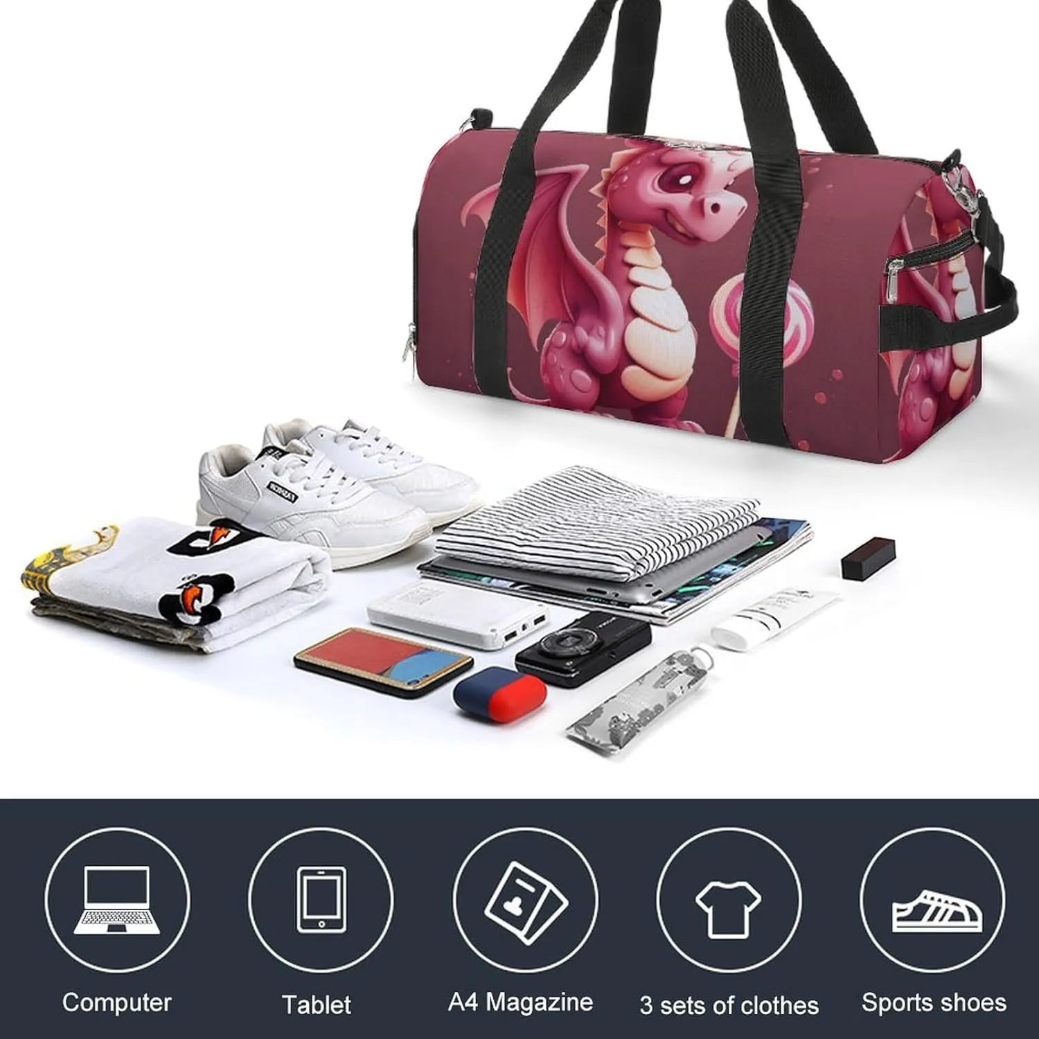 Gym Bag Cute Dragon Duffel Bag for Men Women Travel Overnight Bag with Shoe Compartment Workout Bags
