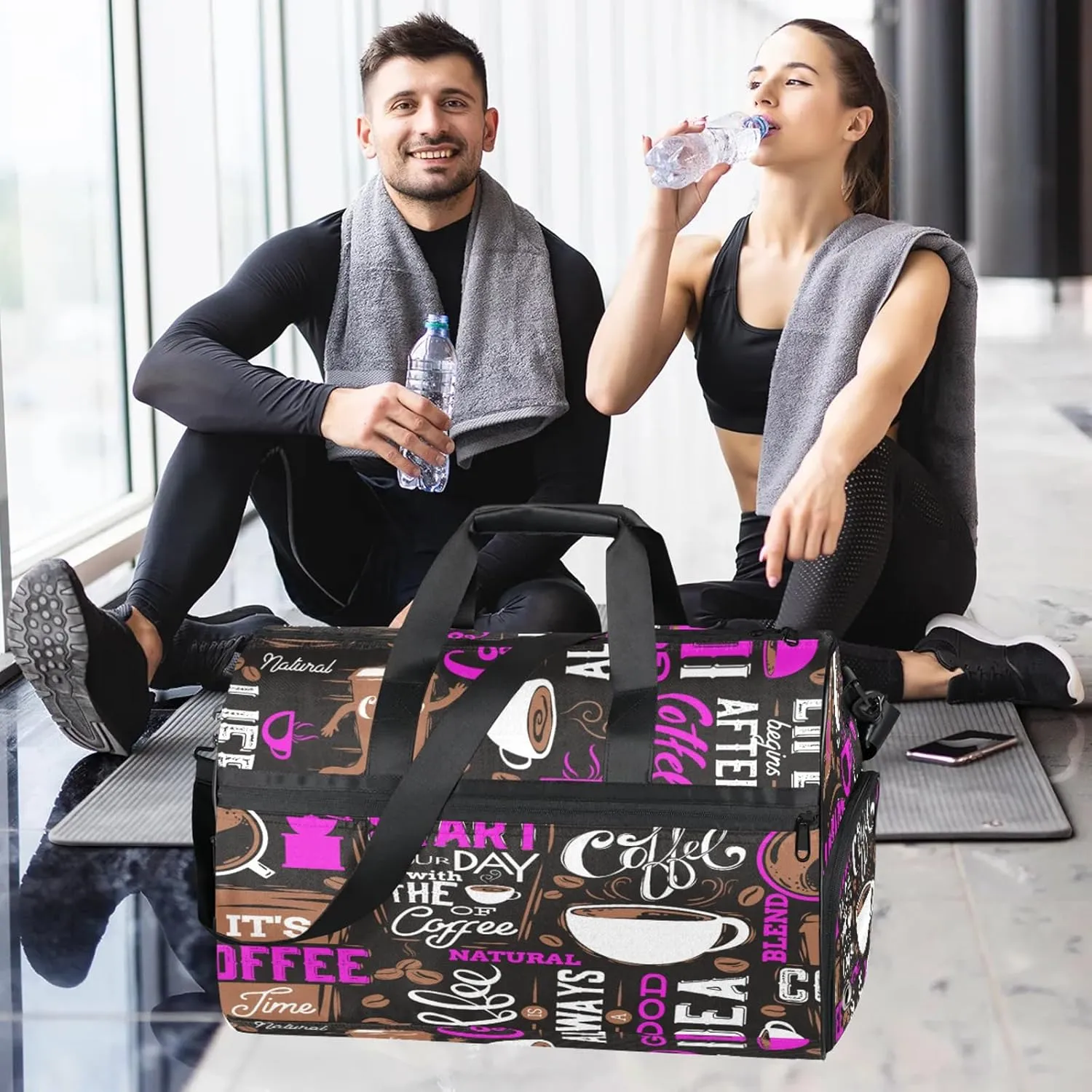 Gym Bag for Women Men Brown Purple Coffee Travel Duffle Bag with Shoe Compartment Waterproof Sports Tote Bags Large Overnight Weekender Bags for Travel Swimming Gym Yoga Dance