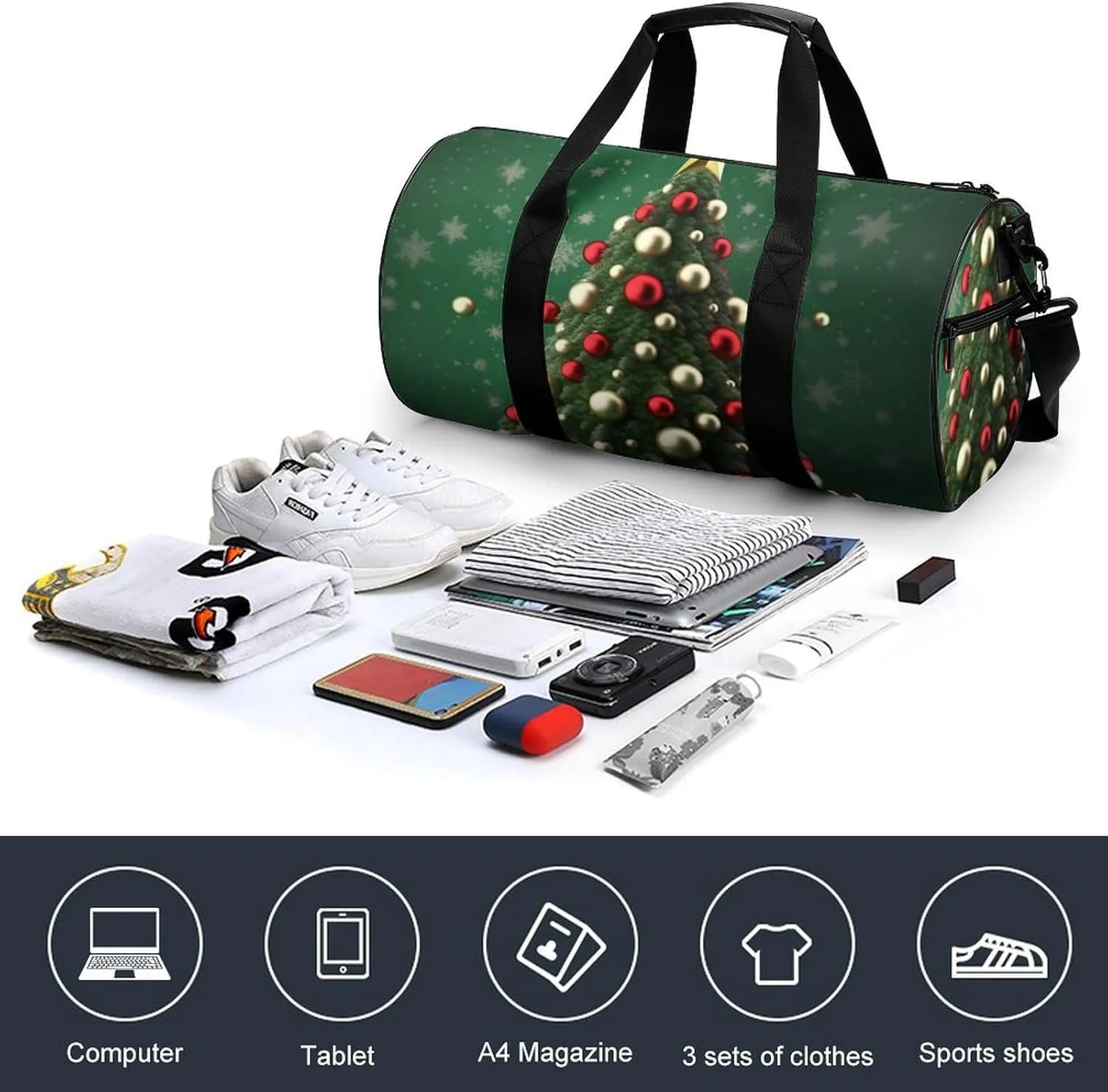 Gym Bag Round Ball Christmas Tree Duffel Bag for Men Women Overnight Bag with Shoe Compartment Workout Bags