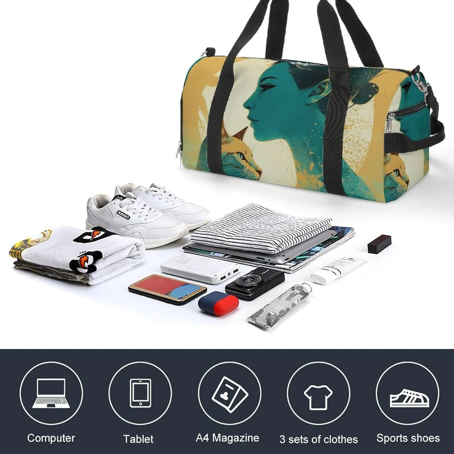 Gym Bag Silhouette of A Cat Duffel Bag for Men Women Travel Overnight Bag with Shoe Compartment Workout Bags
