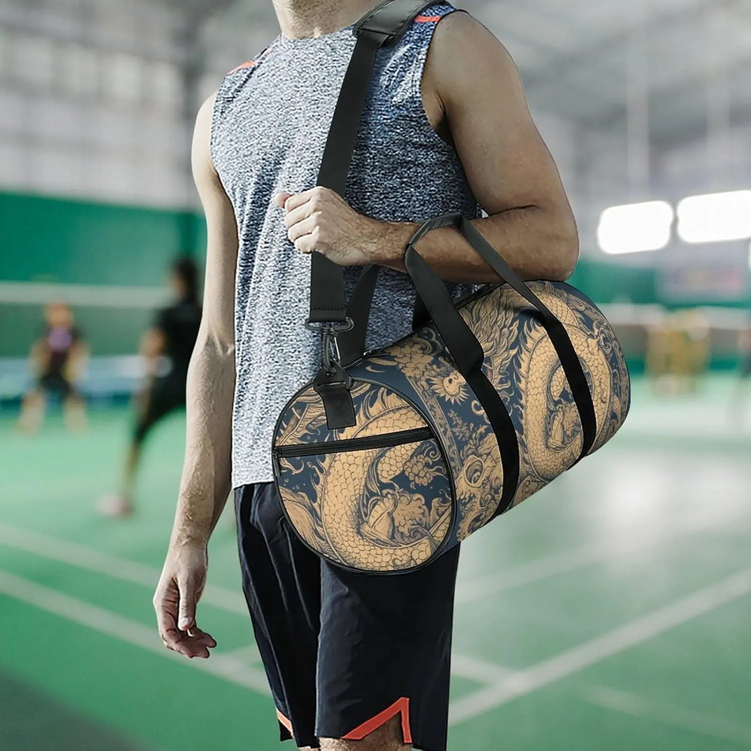 Gym Bags for Men Women Blue Oriental Dragon Duffle Bag Travel Overnight Bag with Shoe Compartment Tote Bags