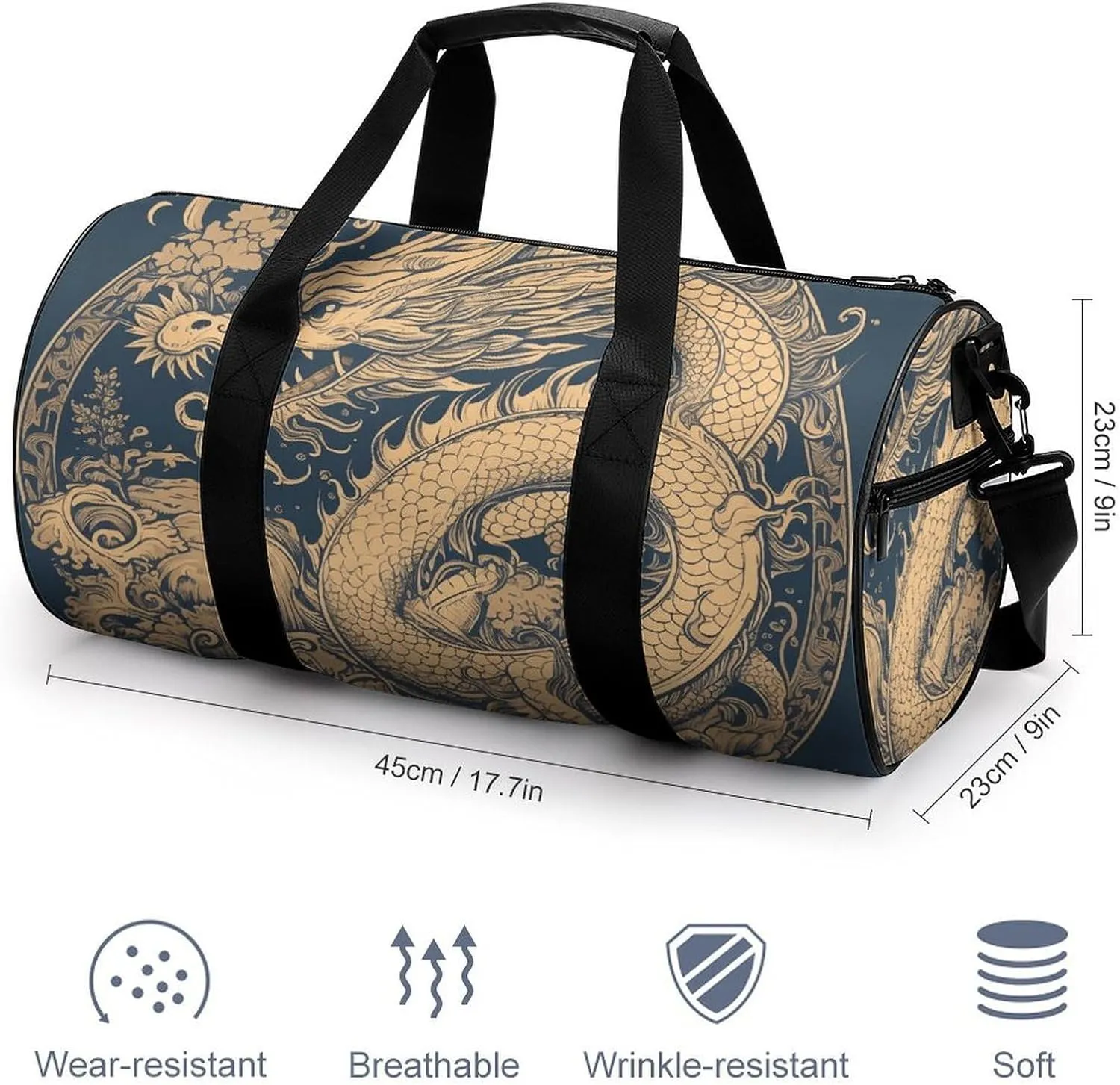 Gym Bags for Men Women Blue Oriental Dragon Duffle Bag Travel Overnight Bag with Shoe Compartment Tote Bags