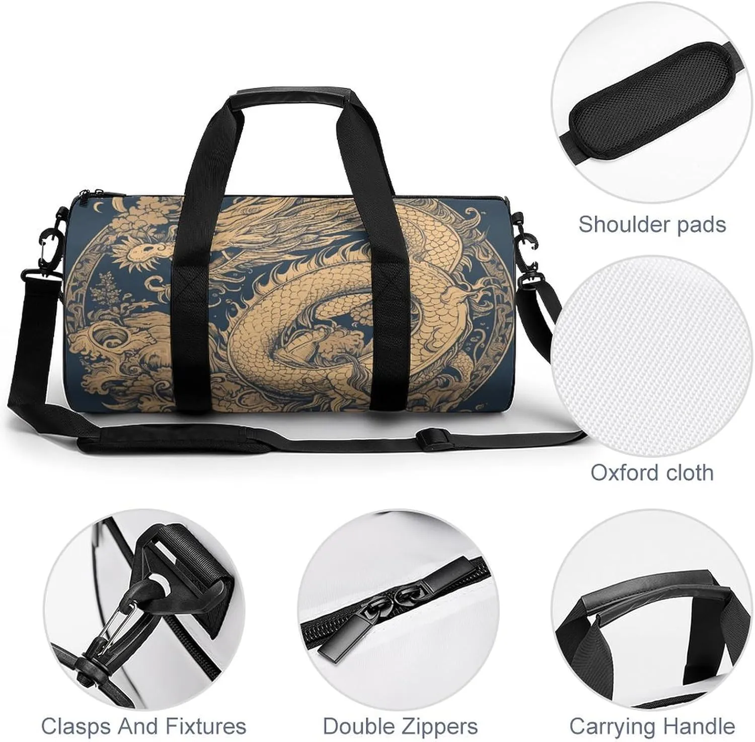 Gym Bags for Men Women Blue Oriental Dragon Duffle Bag Travel Overnight Bag with Shoe Compartment Tote Bags