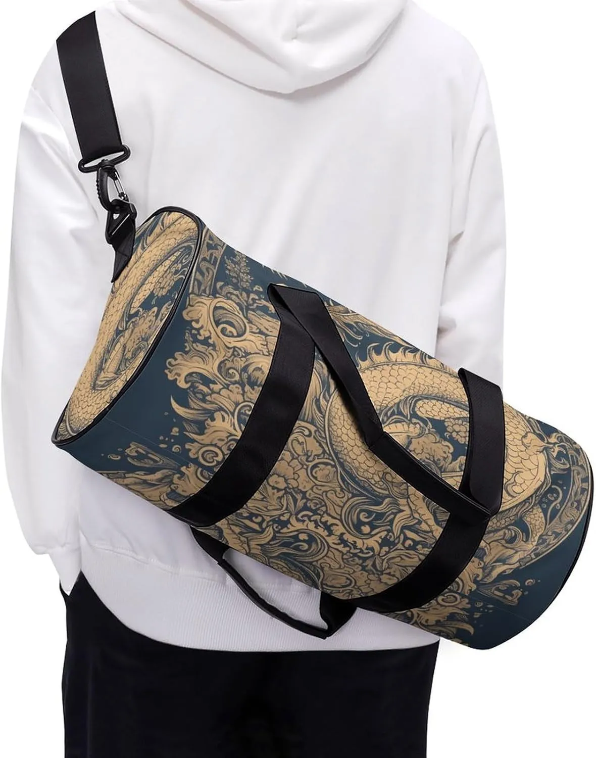 Gym Bags for Men Women Blue Oriental Dragon Duffle Bag Travel Overnight Bag with Shoe Compartment Tote Bags