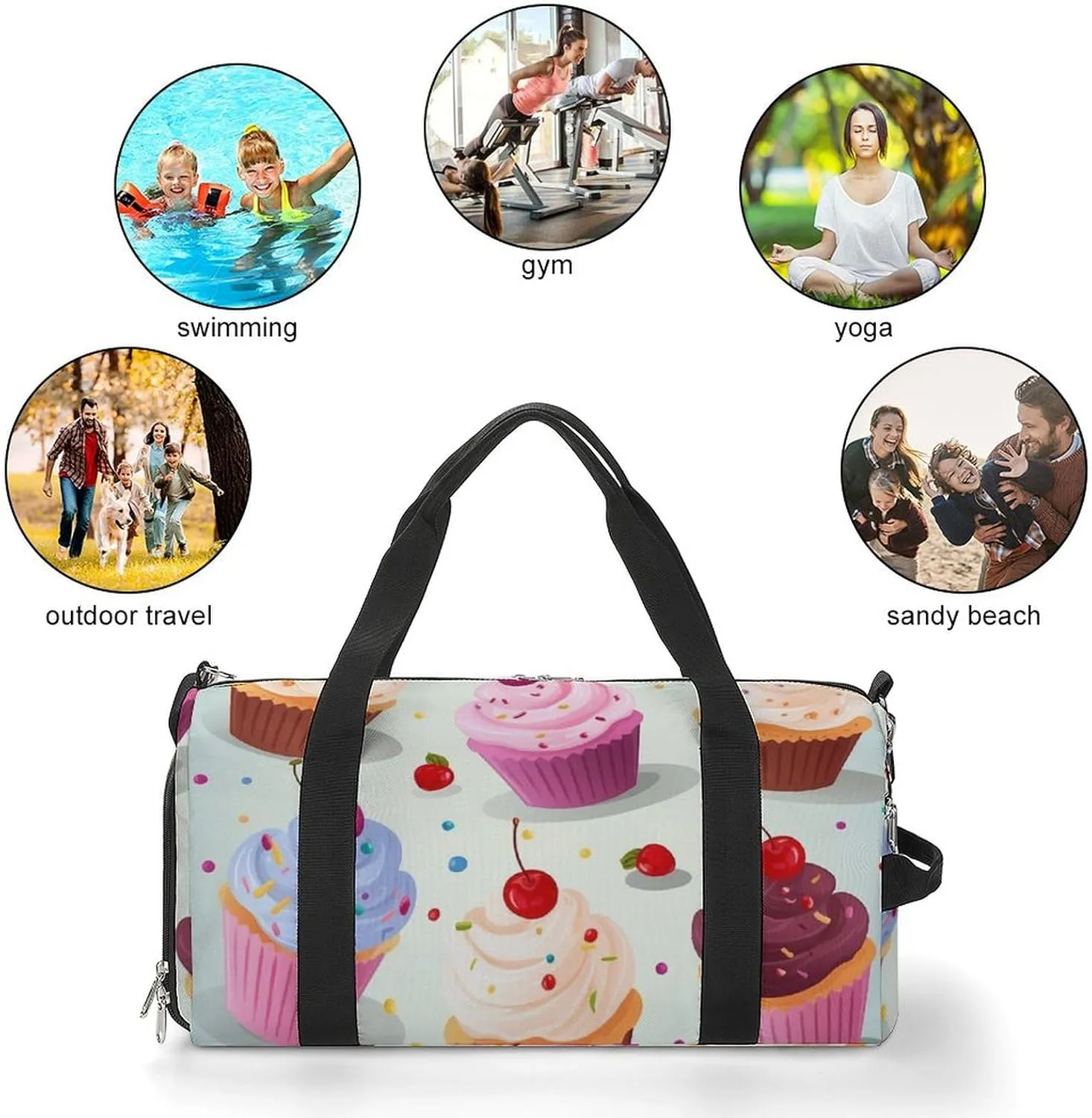 Gym Bags for Men Women Delicious Cupcakes Duffle Bag Travel Overnight Bag with Shoe Compartment Tote Bags