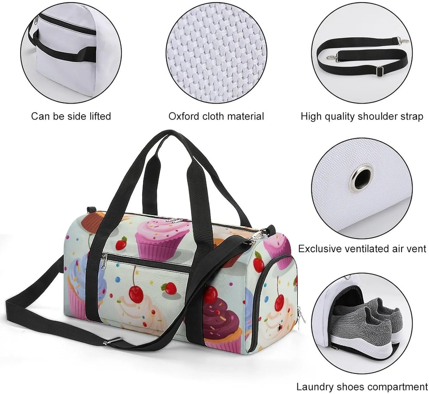 Gym Bags for Men Women Delicious Cupcakes Duffle Bag Travel Overnight Bag with Shoe Compartment Tote Bags