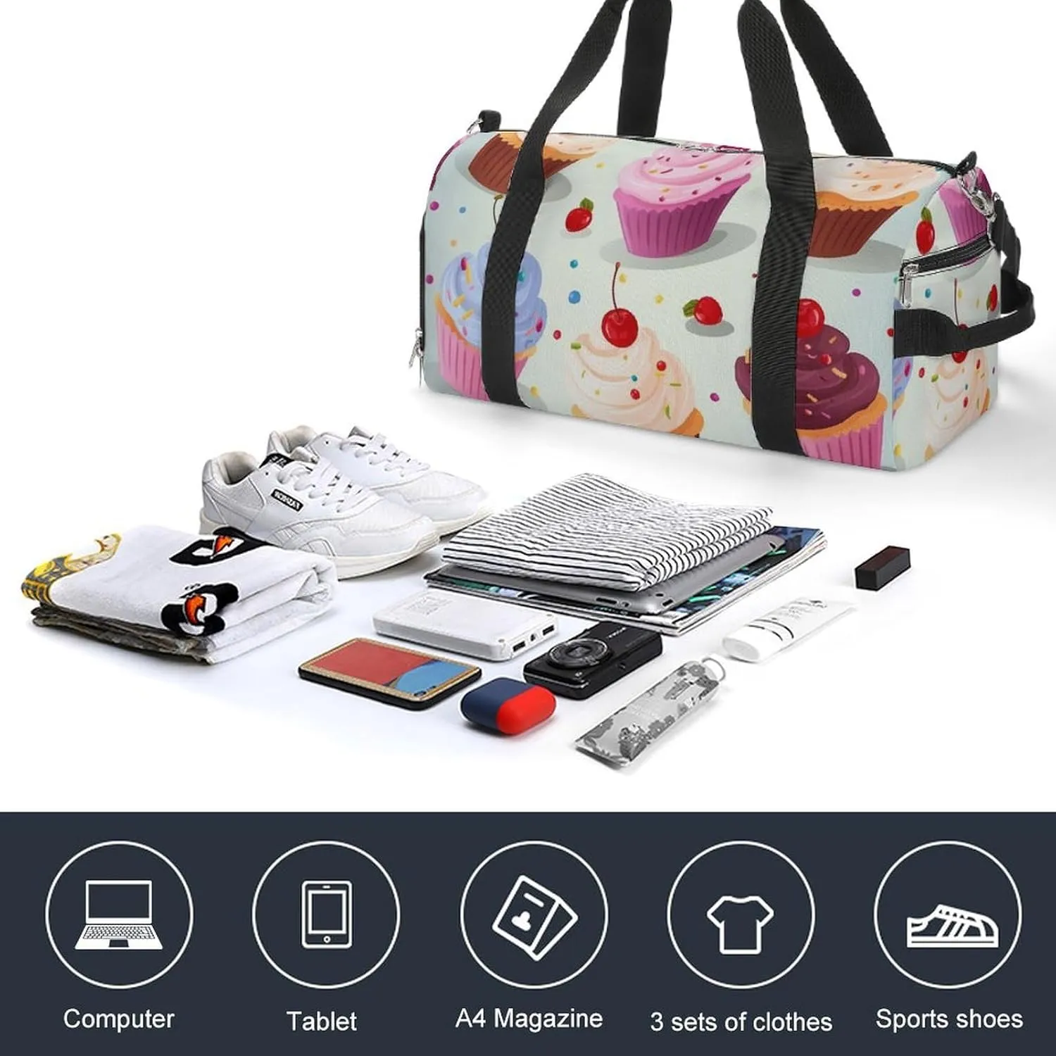 Gym Bags for Men Women Delicious Cupcakes Duffle Bag Travel Overnight Bag with Shoe Compartment Tote Bags