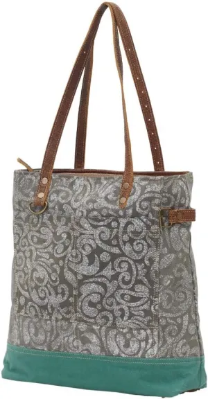 Gypsy Twin Abstract Floral Print Upcycled Canvas Leather Trim Tote Bag